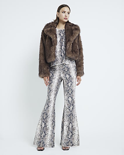 Beige Sequin Snake Print Flare Trousers