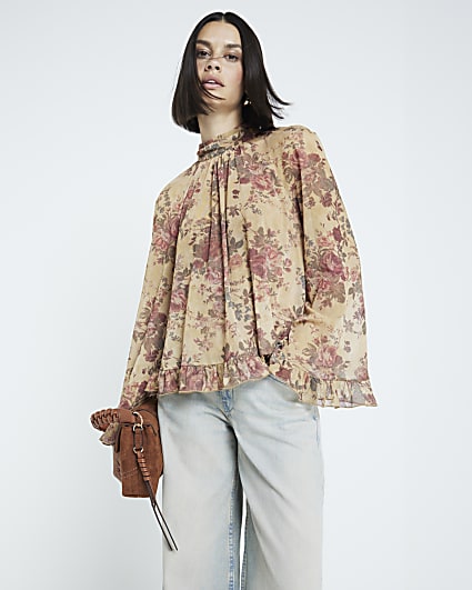 Beige Floral Chiffon Blouse