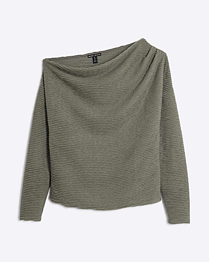 Petite Khaki Textured Off Shoulder Drape Top