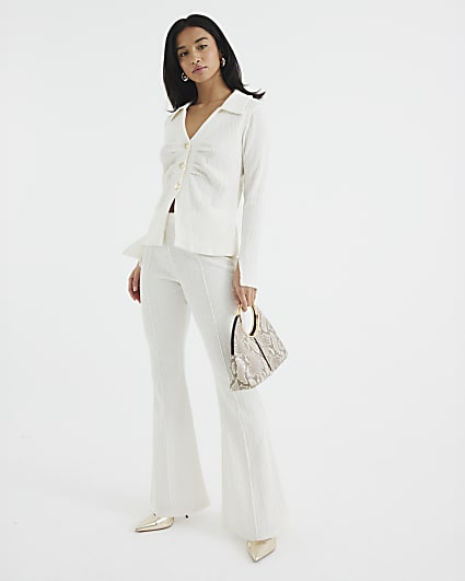 Petite Cream Textured Flared Trousers