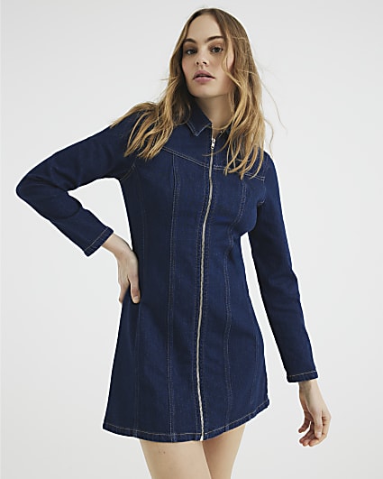 Indigo Denim Long Sleeve Zip Front Mini Dress