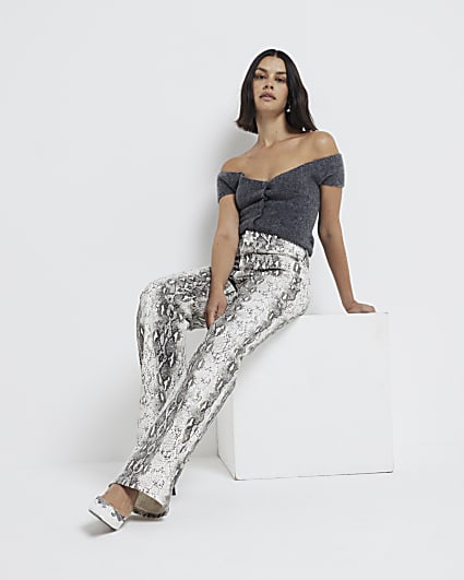 Brown Denim Wide Leg Snake Print Trousers