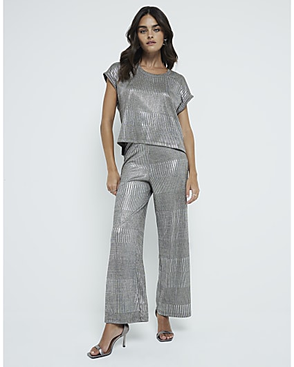 Silver Metallic Wide Leg Trousers