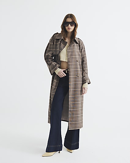 Brown Check Belted Trench Coat