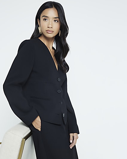 Petite Black V Neck Button Front Blazer