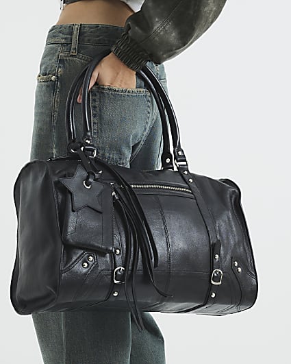 Black Leather Zipped Tote Bag