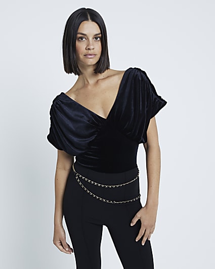 Black Velvet Short Sleeve Draped Bodysuit