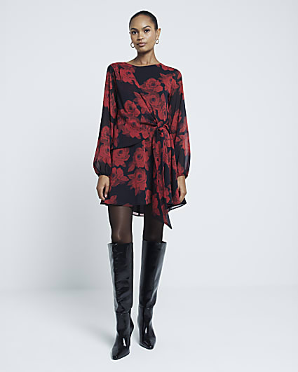 Red Floral Long Sleeved Tie Front Mini Dress