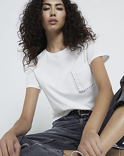 White Embellished Stud Pocket T-shirt