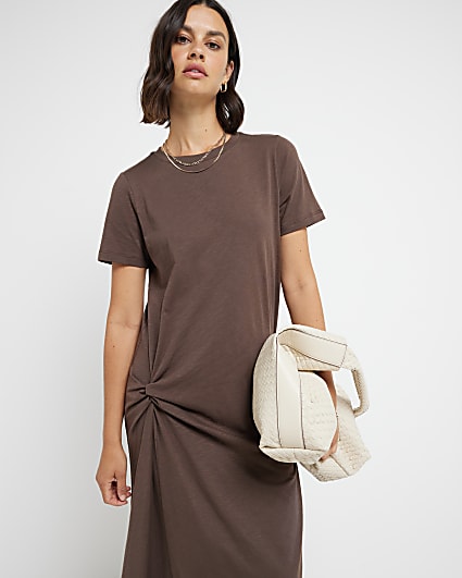 Brown side knot t-shirt midi dress