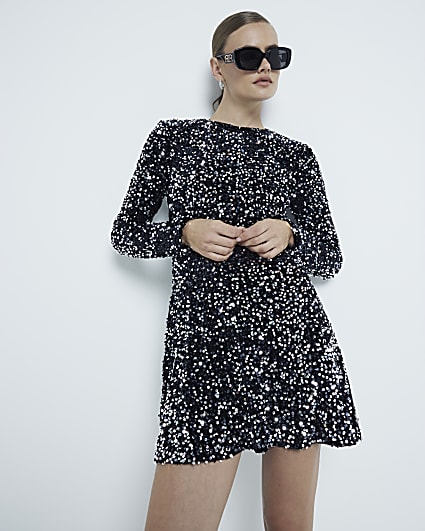 Black Velvet Sequin Mini Swing Dress