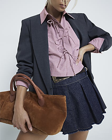 Blue Cropped Fit Bow Check Shirt