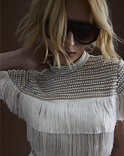 Beige Pearl Embellished Fringe Mini Dress