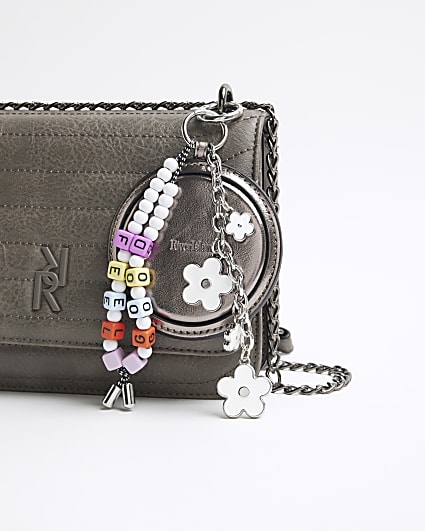 Silver Flower Beaded Mirror RI Bag Charm