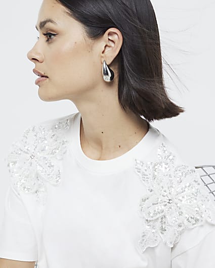 White Embroidered Sequin Flower Trim T-Shirt