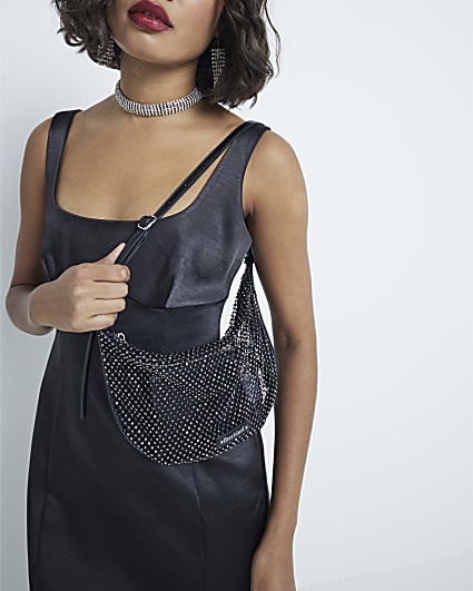 Black Mesh Diamante Embellished Shoulder Bag