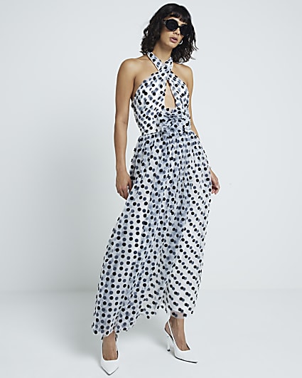 White spot cross halter neck swing maxi dress