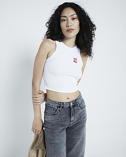 White Embroidered Cherry Crop Tank Top