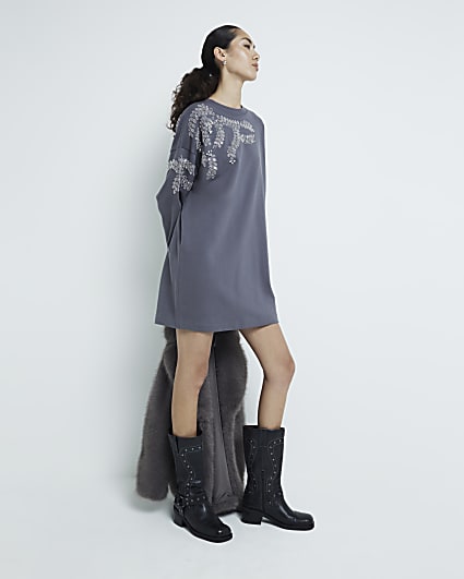 Grey Embellished Leaf Sweatshirt Dress