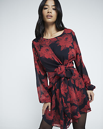 Petite Red Floral Tie Front Mini Dress