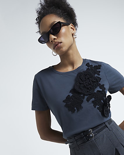 Grey Lace Applique Flower T-Shirt