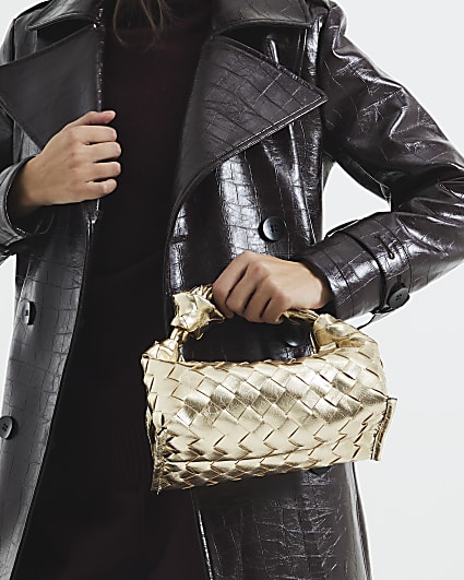 Gold Faux Leather Knot Woven Clutch Bag