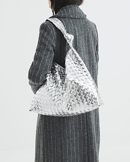 Silver Faux Leather Knot Shoulder Bag