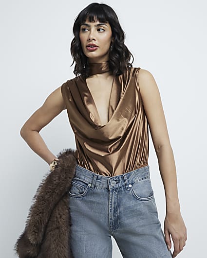 Brown High Neck Cowl Bodysuit