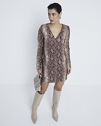 Brown Snake Print Shift Mini Dress