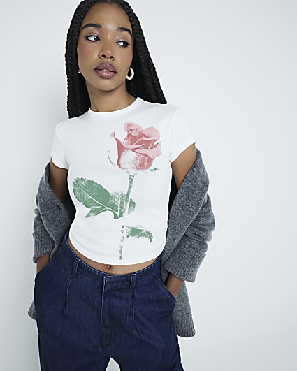 White Ribbed Rose Print Baby T-Shirt