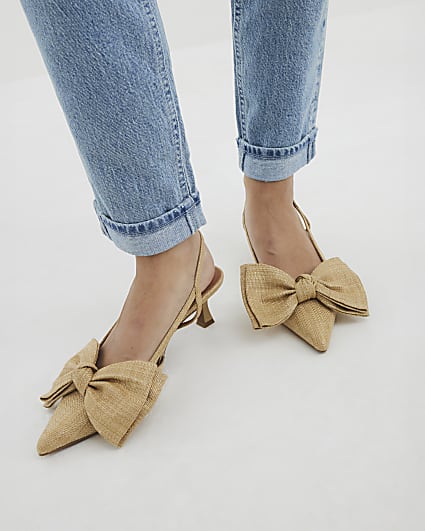 Beige Raffia Sling Back Bow Court Heels