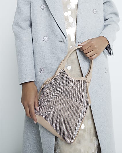 Beige Mesh Mini Diamante Shopper Bag