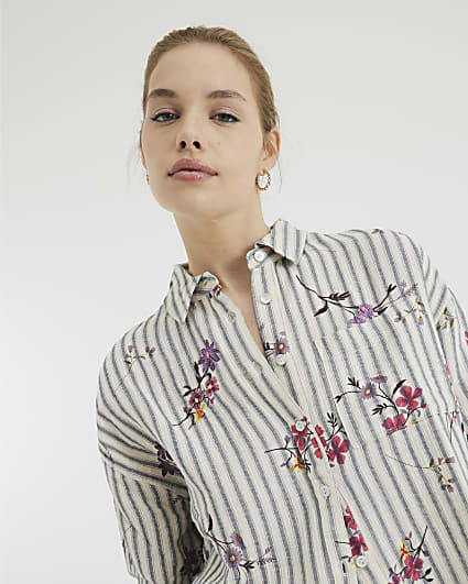 Cream Floral Stripe Embroidered Shirt