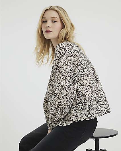 Beige Leopard Lace Trim Embroidered Top