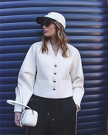 Cream Collarless Button Up Jacket