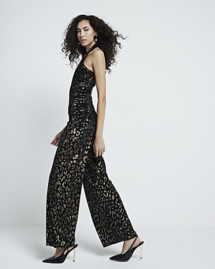 Black Leopard Print Velvet Trousers