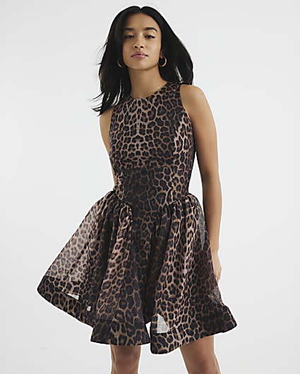 Petite Brown Leopard Print Mini Skater Dress