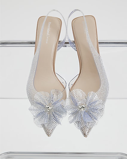 Silver Diamante Flower Perspex Court Heels