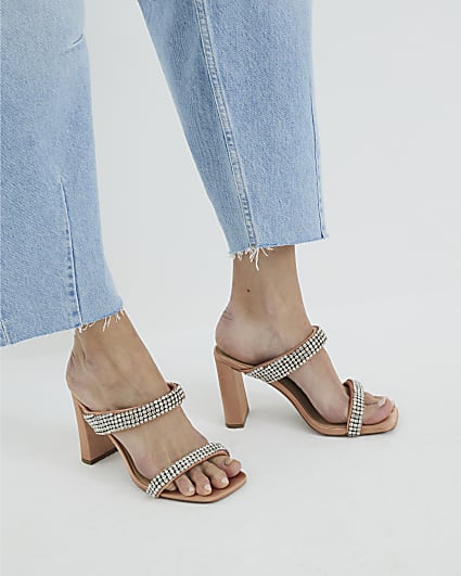 Pink Satin Diamante Strap Heeled Sandals