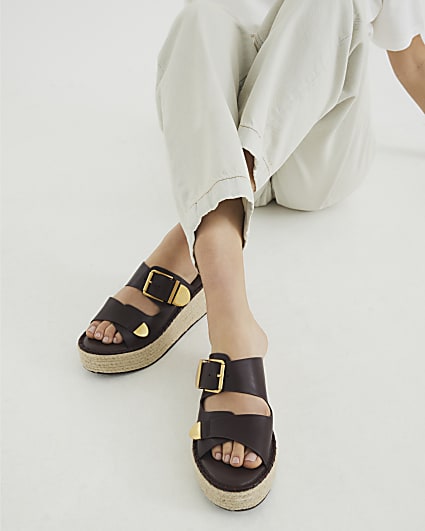 Brown Wedge Buckle Sandals