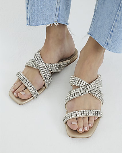 Pink Diamante Embellished Twist Flat Sandals