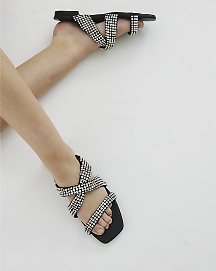 Black Embellished Twist Strap Flat Sandals