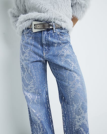 Petite Blue Relaxed Straight Snake Jeans