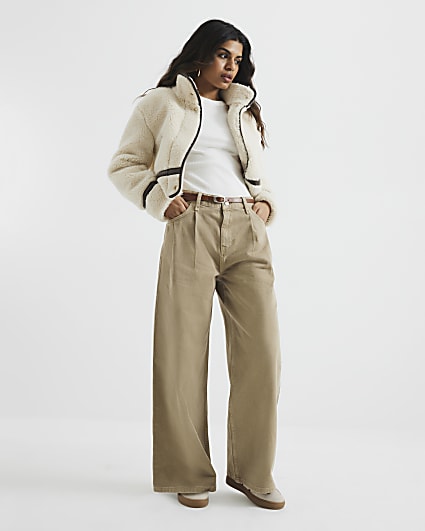 Petite Beige Tailored Baggy Jeans