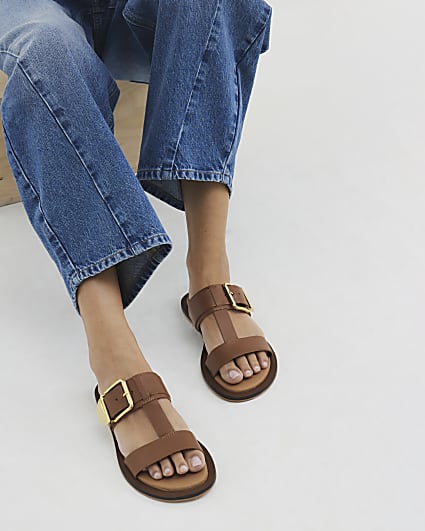 Brown Leather T-Bar Flat Sandals