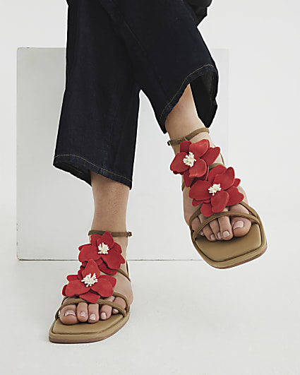 Red Flower Embellished Flat Sandals