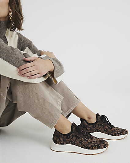 Brown Leopard Print Knit Trainers