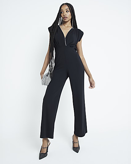 Black Sleeveless Wrap Embellished Jumpsuit