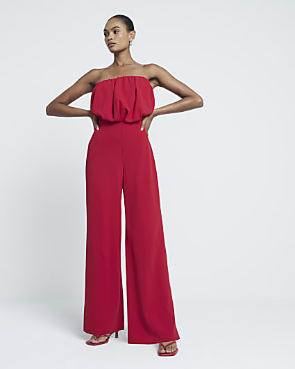 Red Bandeau Bubble Hem Jumpsuit