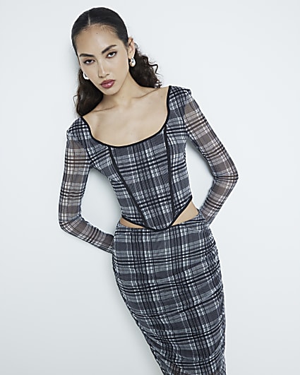 Grey Mesh Long Sleeve Check Corset Top